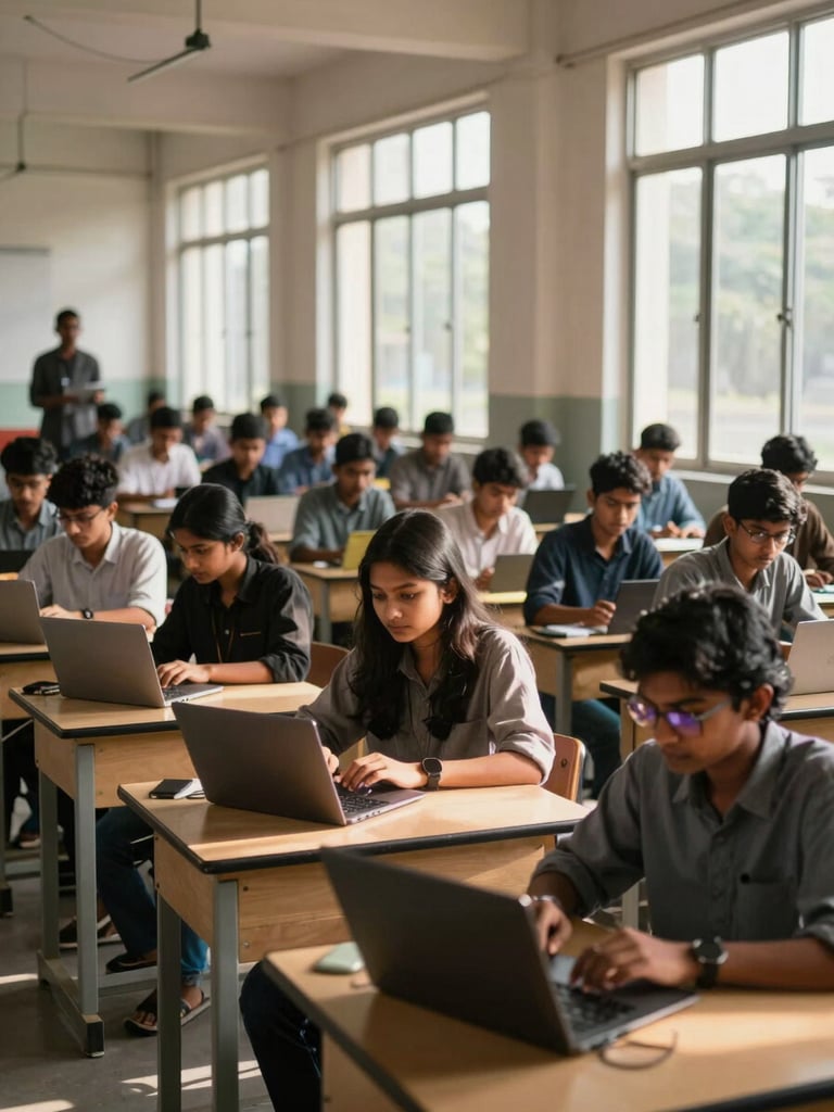 Wide shot of a university classroom in Dhaka, rows of students focused on laptops and phones, natural daylight through tall windows casting warm streaks across desks, instructor visible at the front of frame in soft focus