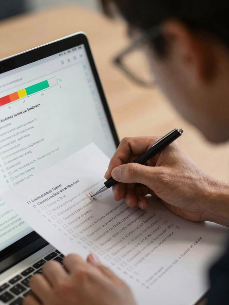 Close-up of an instructor reviewing a student quiz result on a laptop screen, progress bar and percentage score visible on screen, screen light illuminating the instructor's face, shallow depth of field