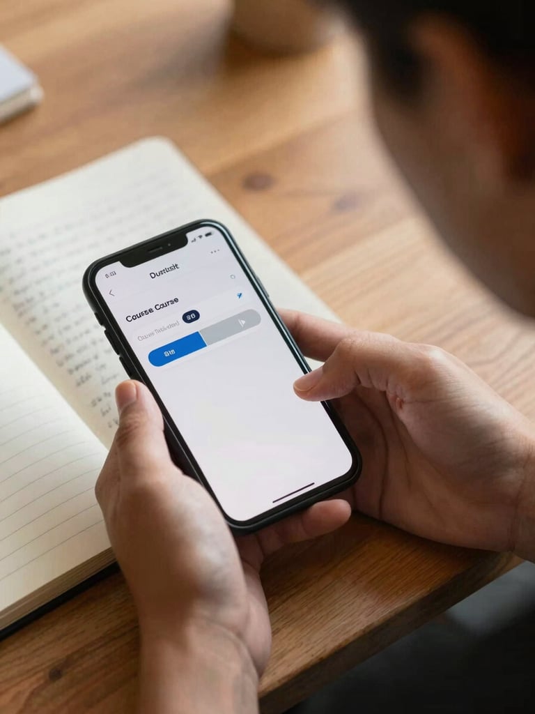 Over-shoulder close-up of a student's hands on a phone screen showing a course progress bar at 80 percent, warm indoor light, a notebook with handwritten notes visible beside the device on a wooden desk