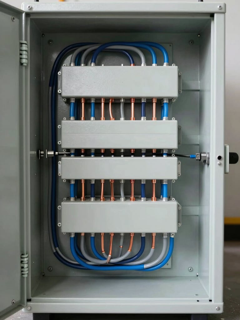 Straight-on technical studio shot of an open modular industrial electrical panel, clean wiring paths with blue and grey cables, visible copper busbars, high clarity, bright neutral daylight, no warm filters.