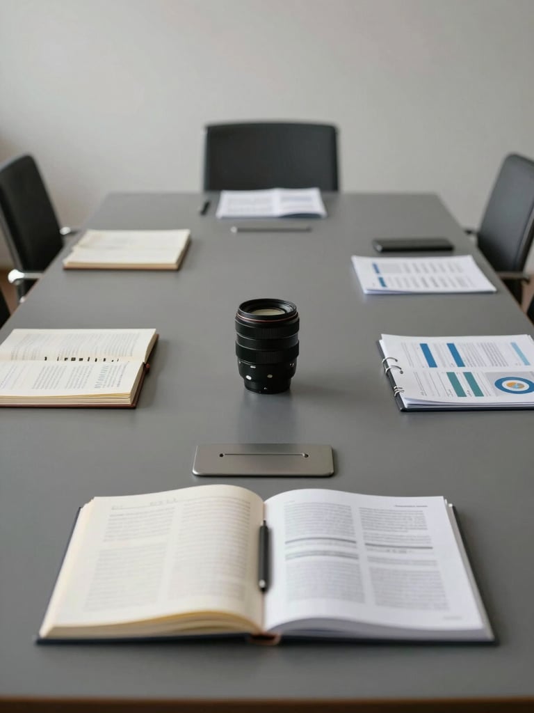 Wide environmental shot of a quiet strategy workspace — a long conference table with open notebooks, printed research documents, and a single lamp casting even north-facing daylight, no people present, matte surface textures