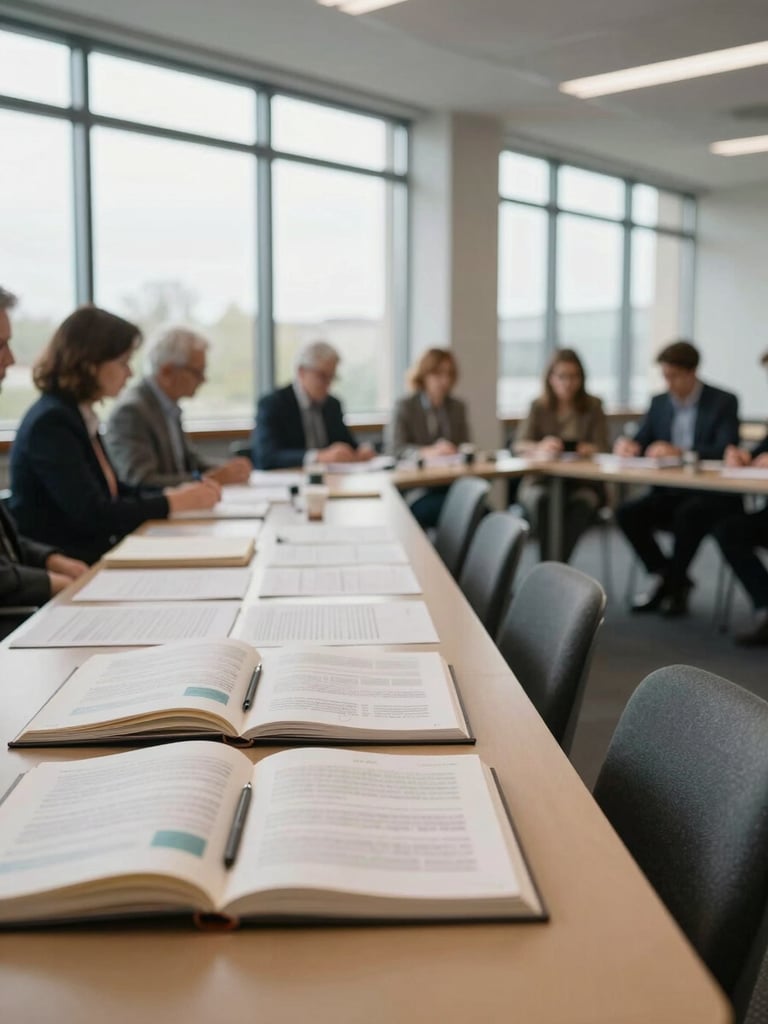 Wide environmental shot of a strategy session room, left side of frame, open notebooks and marked-up research documents on a long table, even north-facing daylight through tall windows, no faces visible, quiet and focused atmosphere