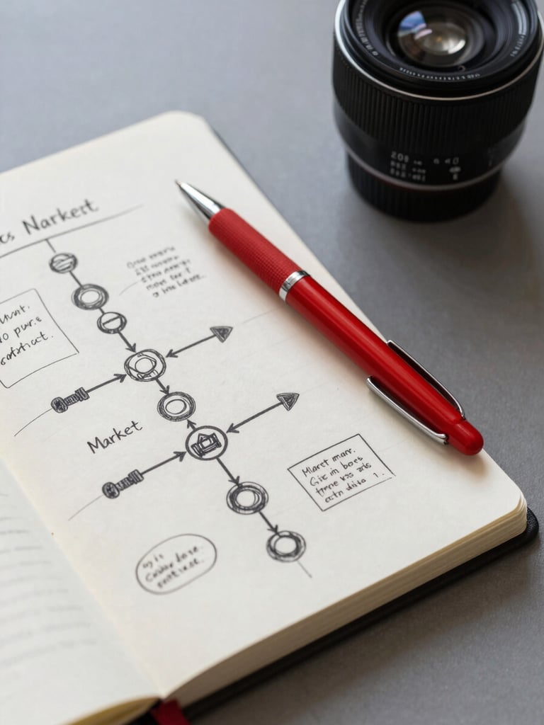 Close overhead shot of a strategy notebook open to a hand-sketched market positioning diagram, a red-capped pen resting across the page, matte desk surface, even north-facing daylight, no people