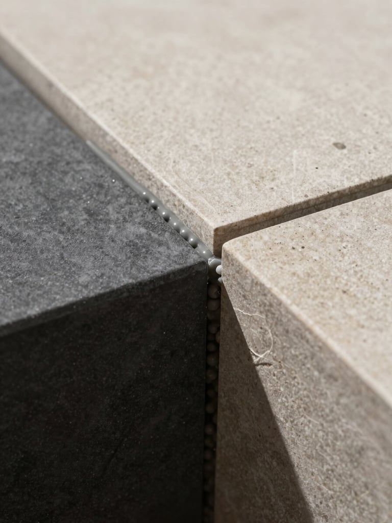 Extreme close-up of a sealant junction at a balcony tile edge in Melbourne — precision bead of grey sealant between charcoal composite decking and a pale stone tile, controlled studio lighting revealing material texture and joint depth, no hands or people visible
