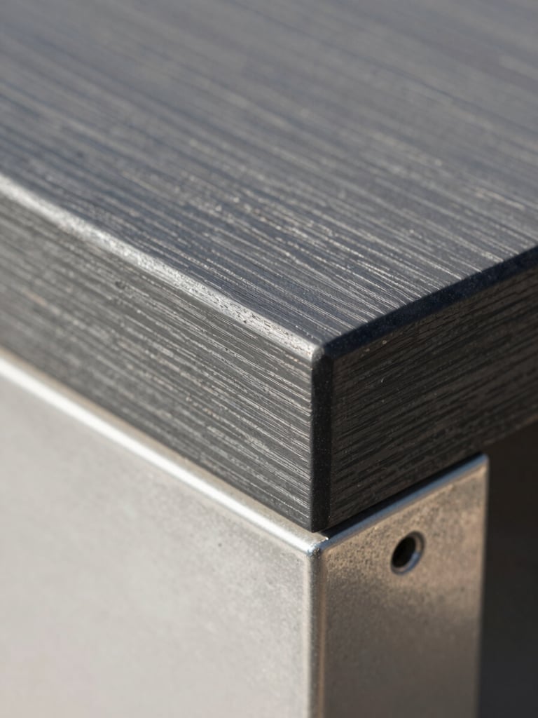 Close-up of composite deck board edge meeting a stainless steel post base, charcoal grey grain texture sharp in controlled natural daylight, precise shadow line at the junction, no people