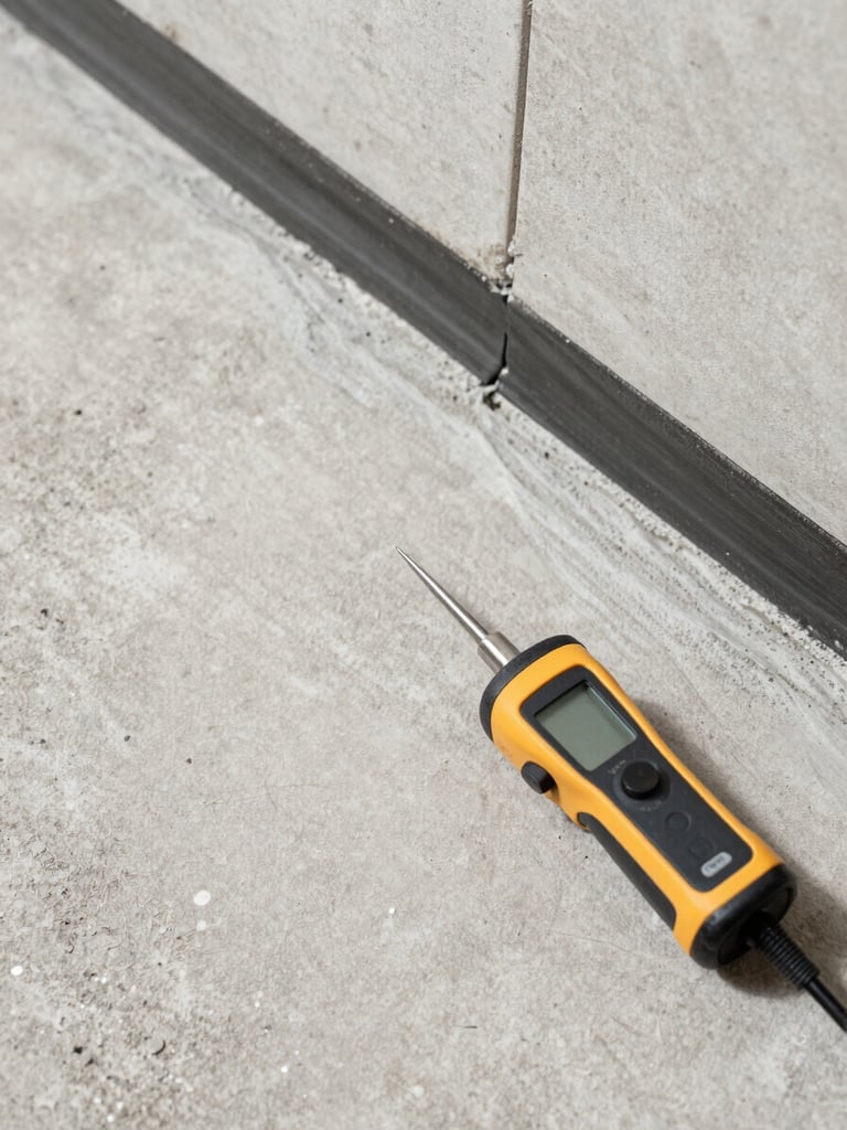 Close-up overhead flat-lay of a waterproofing inspection in progress — moisture meter probe pressed against a pale concrete surface, sealant joint and tile edge visible in upper frame, controlled natural north-facing daylight, no shadows, architectural precision framing