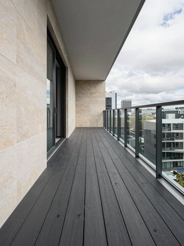 Wide environmental shot of a completed modern balcony renovation in Melbourne — charcoal composite decking boards extending toward a glass balustrade, neutral stone wall tiles to the left, clean grout lines sharp under even natural north-facing daylight, no people