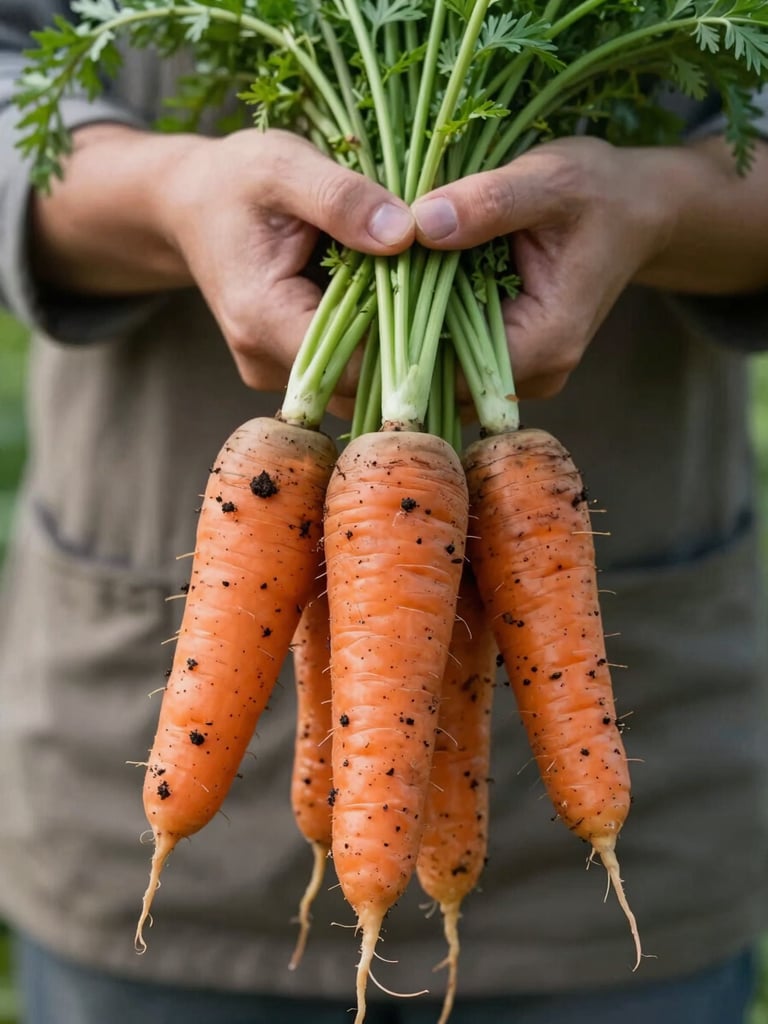 Extreme close-up of soil-stained hands holding freshly harvested heirloom carrots with vibrant green tops, soft natural side lighting.