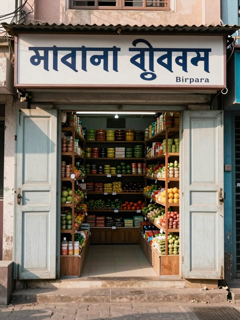 Wide street-level view of a small Indian grocery storefront in Birpara, wooden shelves of produce visible through open shutters, natural morning daylight, signboard in Bengali overhead, no people posed, the shop simply open and ready