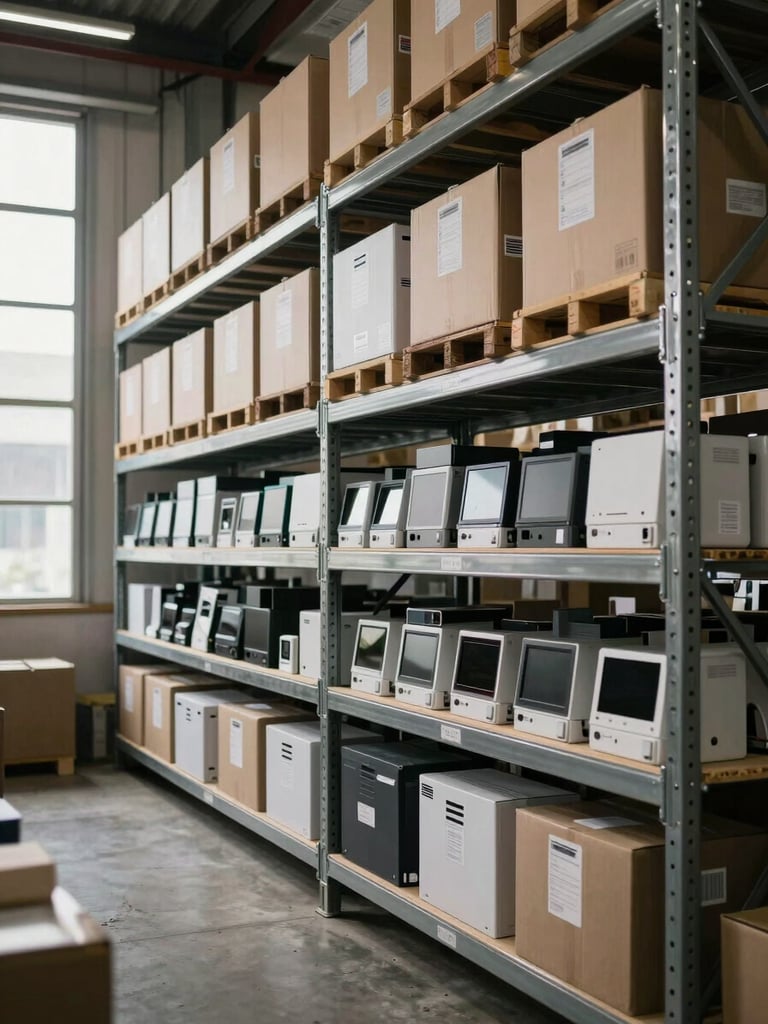 Environmental wide shot of organized warehouse shelving in Pasig — tall metal racks loaded with boxed office equipment and labeled inventory cartons in neat rows, neutral daylight filtering through high windows on the left, concrete floor visible below, framed slightly off-center with the shelving occupying the right two-thirds of the frame
