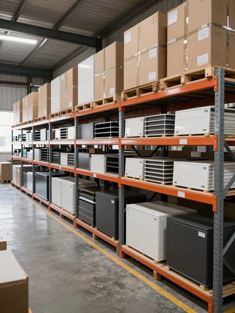 Environmental wide shot inside a Pasig warehouse, rows of shelved office equipment boxes and packaged furniture components organized on heavy-duty metal racking, neutral daylight from warehouse windows, overhead ambient lighting, clean concrete floor, no people, framing emphasizes depth and order of stock