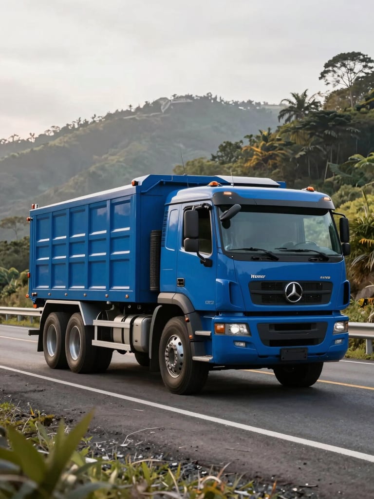 Low-angle heroic shot of a clean, modern heavy-duty blue truck on a scenic Costa Rican highway mountain pass, crisp morning light, high-contrast corporate industrial style.