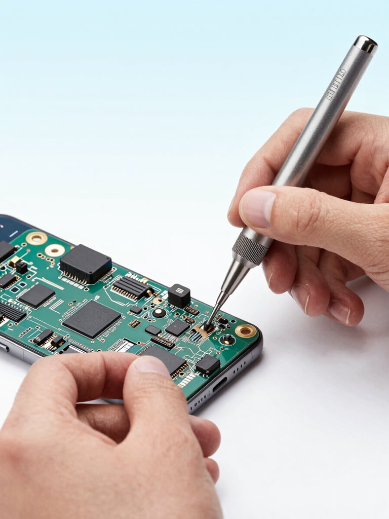 Close-up of a technician hands using precision tools on a clean modern smartphone motherboard, bright high-key studio light, pale blue background