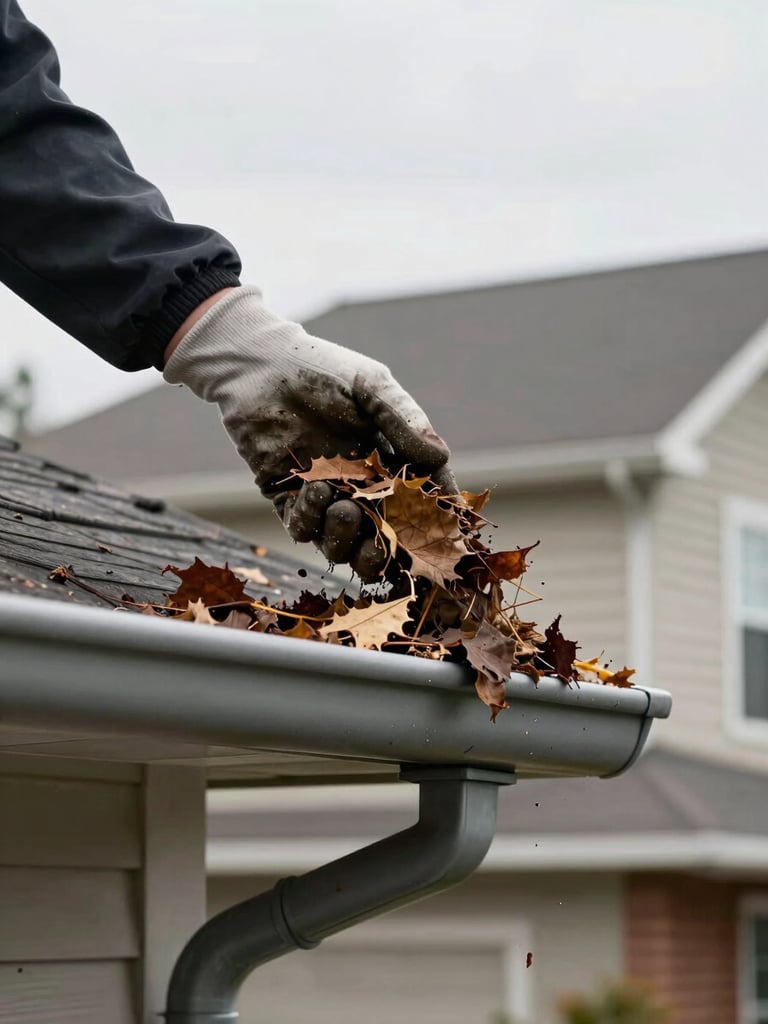 Gloved hand scooping compacted leaf debris from a residential gutter, downspout visible below, overcast daylight, suburban roofline stretching across the background