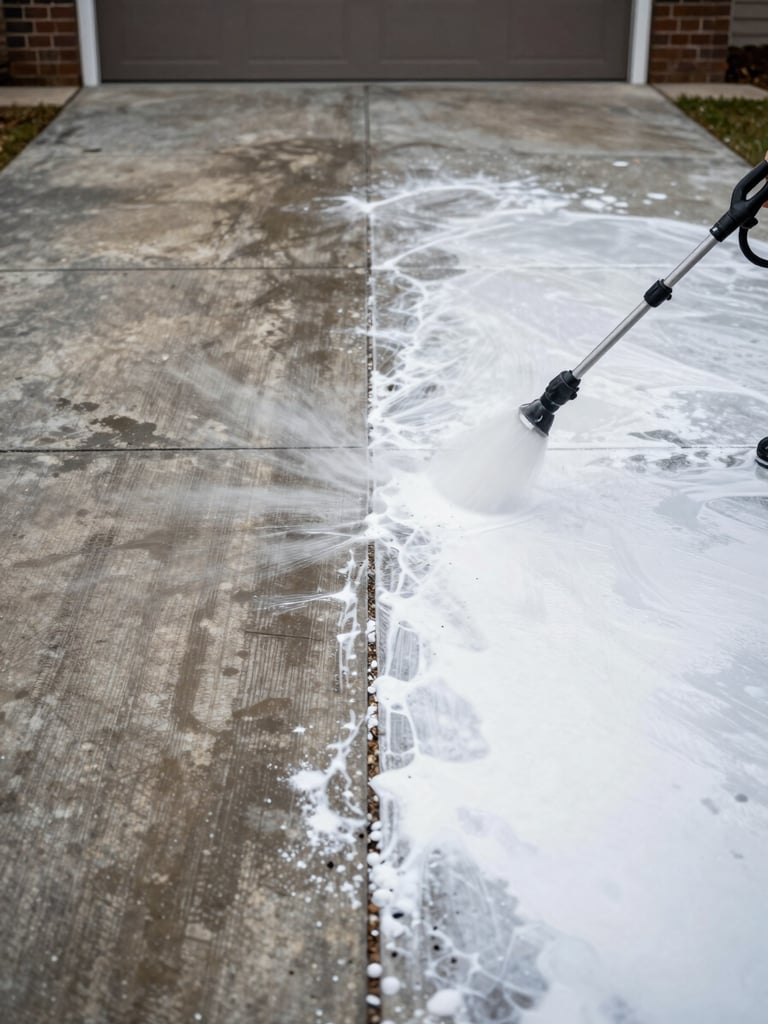 Wide documentary shot of a residential concrete driveway, left half still dark with embedded grime and oil stains, right half freshly pressure-washed to near-white, overcast daylight showing the split result clearly, pressure washer wand visible at the edge, no people