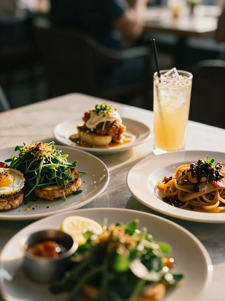 Close-up of premium brunch dishes and craft cocktails on a sunlit table, warm golden-hour afternoon sun, shallow depth of field, 35mm film