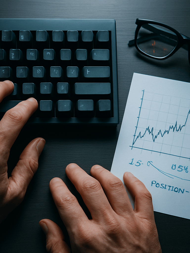 Close overhead shot of a mentor's hands on a mechanical keyboard, a printed chart with handwritten position-sizing notes beside the keyboard, a live trading terminal screen reflected in reading glasses resting on the desk, cool studio lighting, sharp detail on annotations