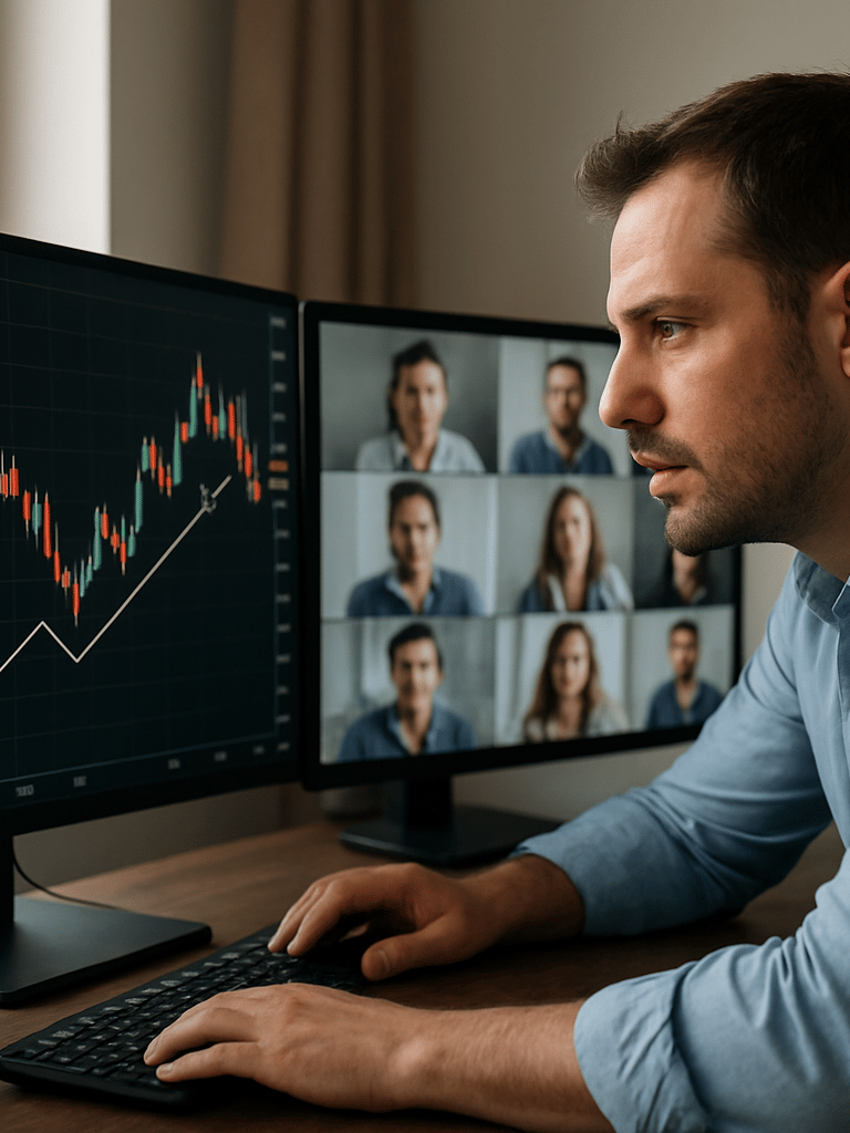 Medium shot of a mentor leaning toward a dual-monitor setup during an active teaching session, one screen showing a live Forex chart with annotations, other screen showing a video call grid, daylight from a window to the left, focused expression, no styled background