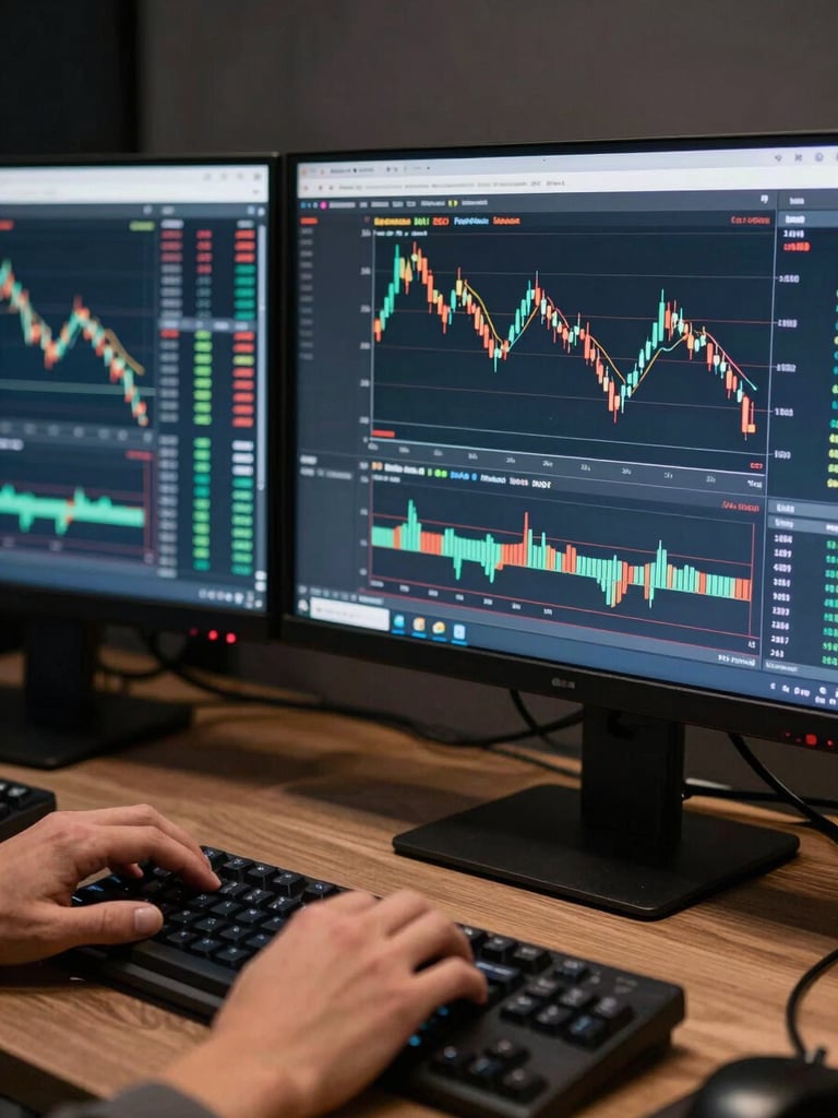 Close-up of dual trading monitors showing live Forex candlestick charts and order book data, hands resting on a mechanical keyboard mid-entry, cool desk lamp casting focused daylight-toned light across the screens, dark studio background, work-in-progress energy