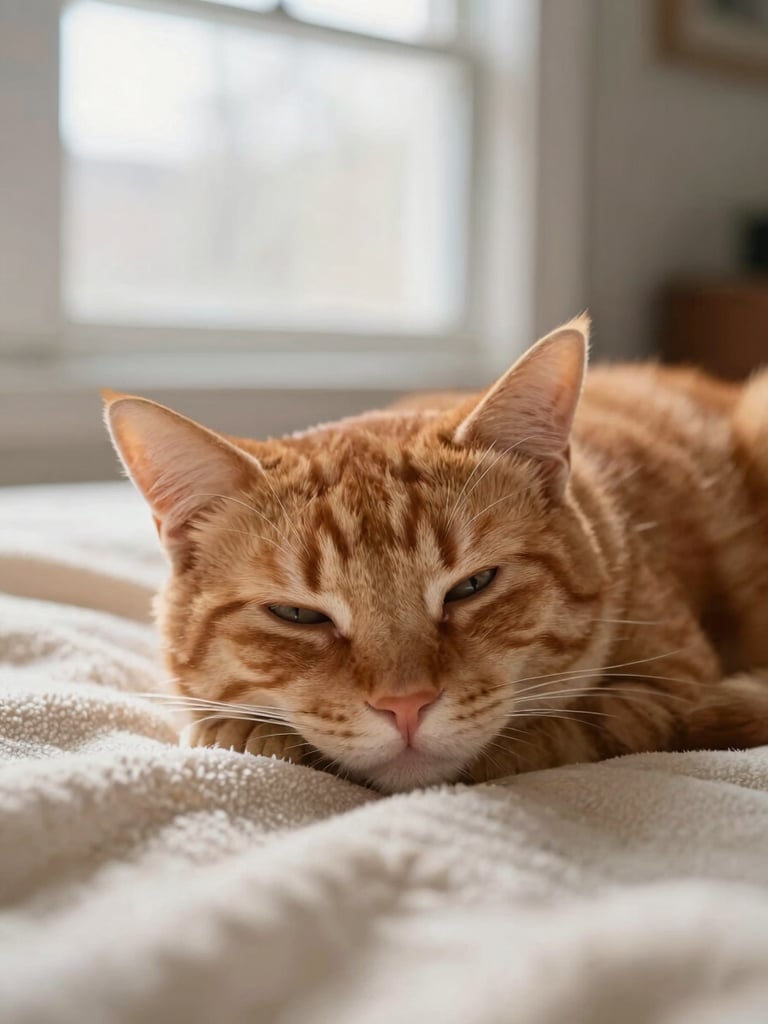Close-up of a relaxed ginger cat sleeping on a warm cream blanket in a sunlit Wisconsin living room, shallow depth of field, natural window light