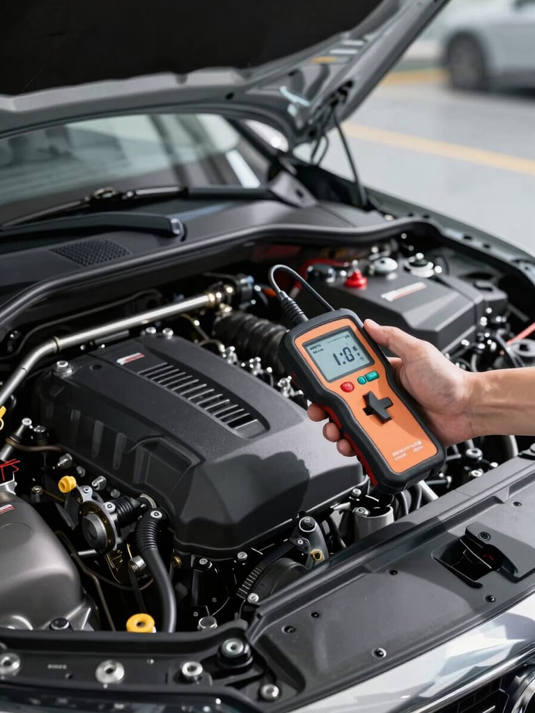 A clean, modern automotive engine bay under bright LED work lights, a professional hand holding a high-end digital battery tester with a clear readout.