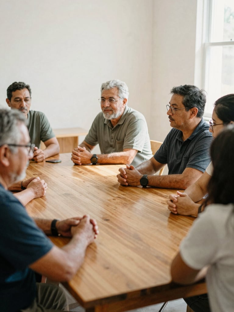 Warm editorial photograph of local community leaders collaborating around a wooden table in a sunlit room, natural daylight, soft earth tones, authentic setting, 35mm film look