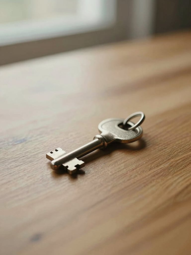 Close-up of a key resting on a solid oak table, soft morning light, shallow depth of field, warm editorial photography, muted tones, 35mm.