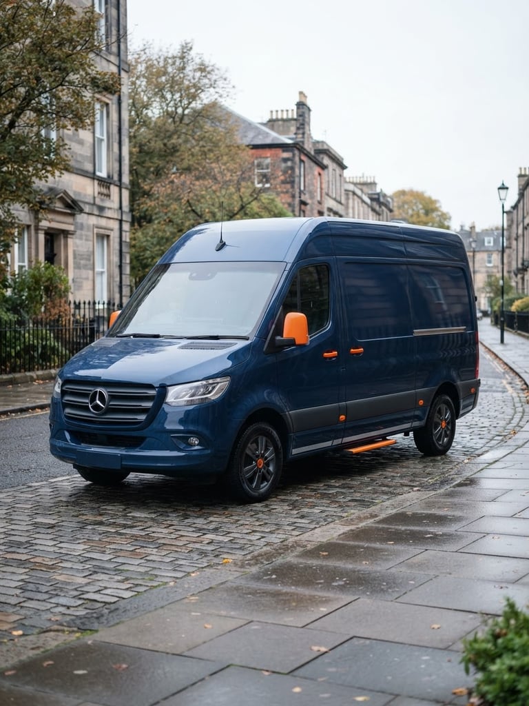 A clean, modern navy delivery van parked on a quiet city street in crisp morning light, sharp focus, professional corporate photography.