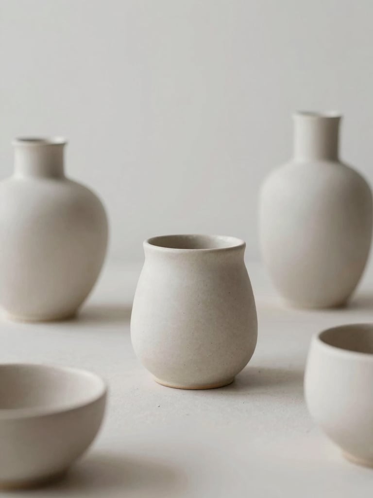 Minimalist workspace layout with delicate handmade ceramic vessels, soft diffused overcast daylight, muted taupe tones, shallow depth of field, 35mm