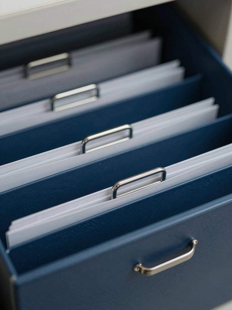 Macro shot of organized physical file folders with metallic tabs in deep blue drawers, cool diffused lighting, clean lines.
