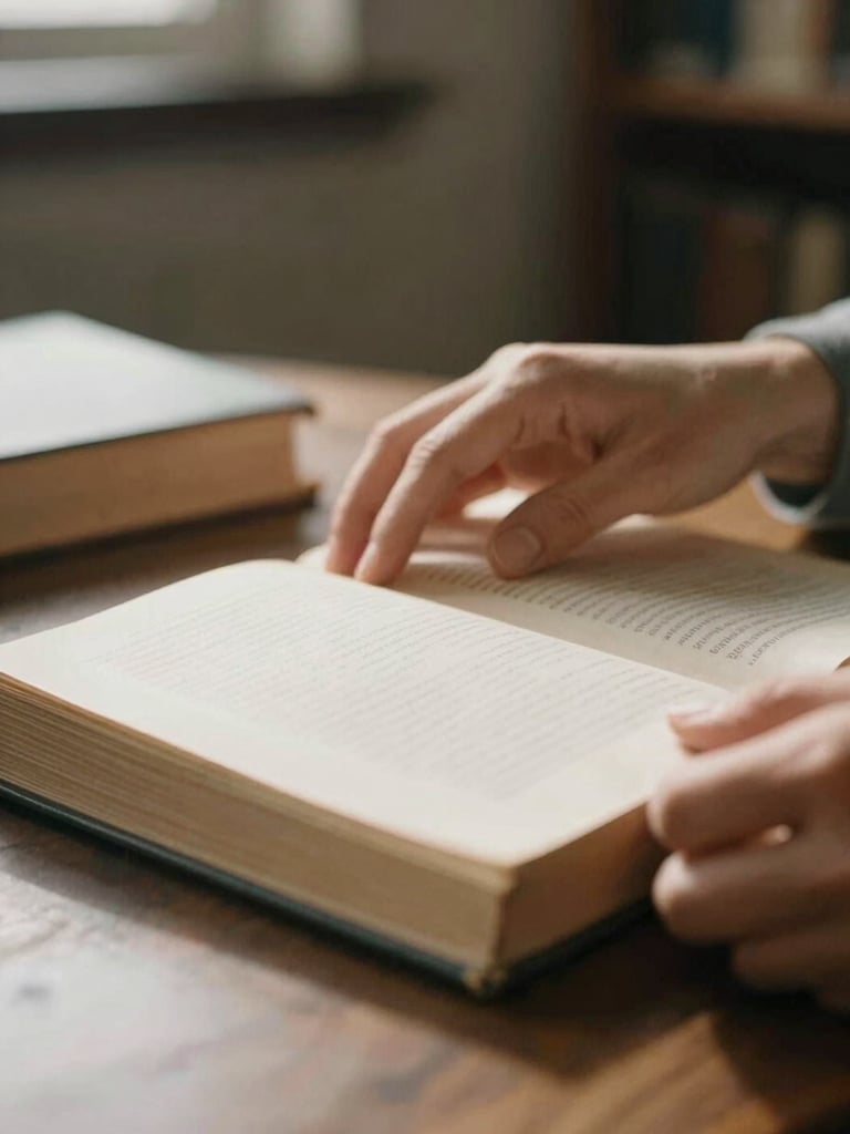 Close-up of hands carefully turning the pages of an archival book, warm natural light, soft focus, quiet dignified library setting, editorial film photography.