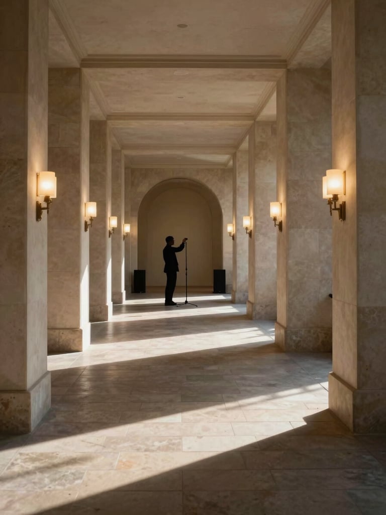 Environmental wide shot of a high-end venue corridor before an event, a single performer's silhouette adjusting a microphone stand in the background, warm tungsten light from wall sconces casting long shadows on stone flooring, shot from low angle emphasising the architectural height and intention of the setup