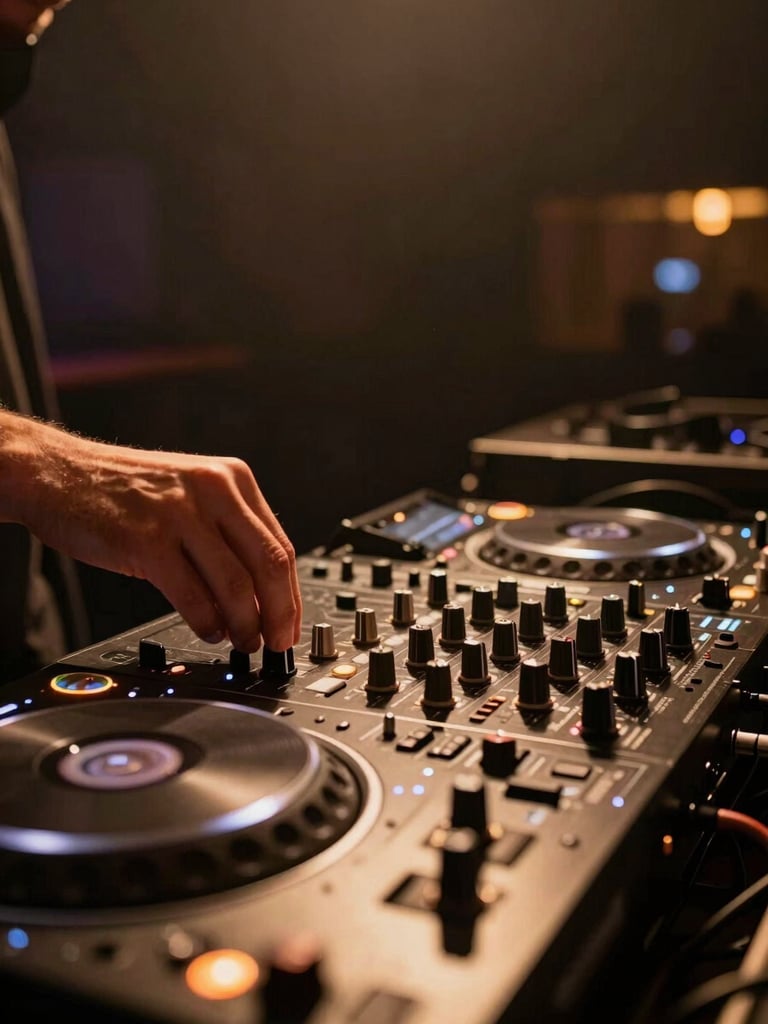Wide low-angle frame of a DJ booth interior in a high-end venue, a hand adjusting a rotary mixer knob in the foreground, warm amber practitioner light falling across the equipment, the rest of the room receding into deep shadow behind, no faces visible, technical intention over performance energy