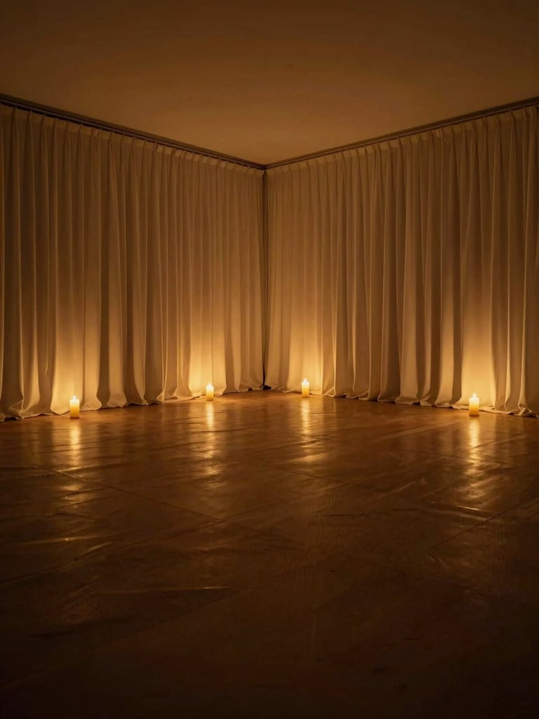 Wide interior of an empty luxury venue ballroom shot from low angle, warm amber artificial candlelight raking across draped walls and polished floor, deep shadows in the corners, no guests, no performers — the room holds its breath before the evening begins, cinematic and restrained