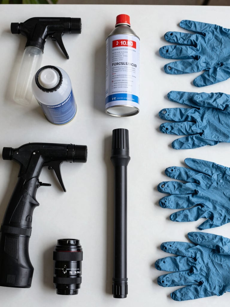 Close-up overhead documentation shot of a professional pest control kit laid on a white surface — spray nozzle, sealed chemical canister, protective gloves, inspection torch — arranged in a grid, natural daylight, no branding or text visible