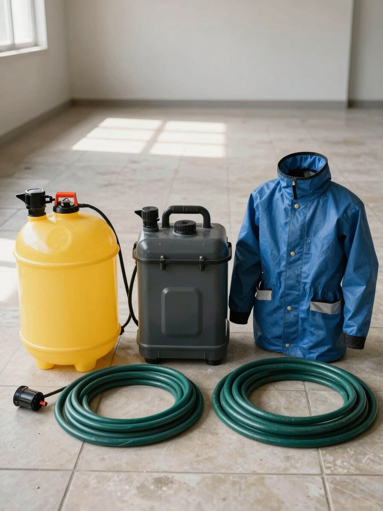 Wide documentary shot of pest control equipment — spray tanks, hoses, and protective gear arranged on a clean tiled floor under flat natural daylight, tools foregrounded, treated empty room visible in background