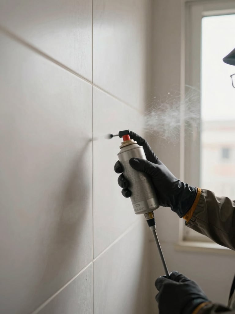 Close documentary view of a technician's gloved hands applying treatment spray along a skirting board in an empty tiled Kuwaiti apartment, equipment nozzle in sharp focus, soft natural window light from the side