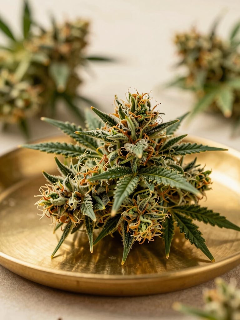 Macro shot of vibrant, trichome-rich cannabis flower resting on a polished brass dish, warm natural daylight, shallow depth of field, rich green and gold tones.