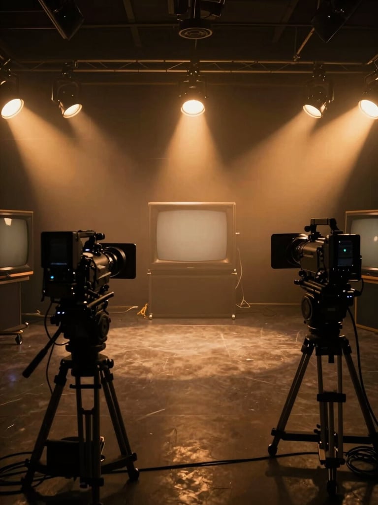Atmospheric wide angle shot of a dark-key television studio in Montreal, warm gold spotlights cutting through haze, professional cameras focused on an empty set, moody cinematic lighting