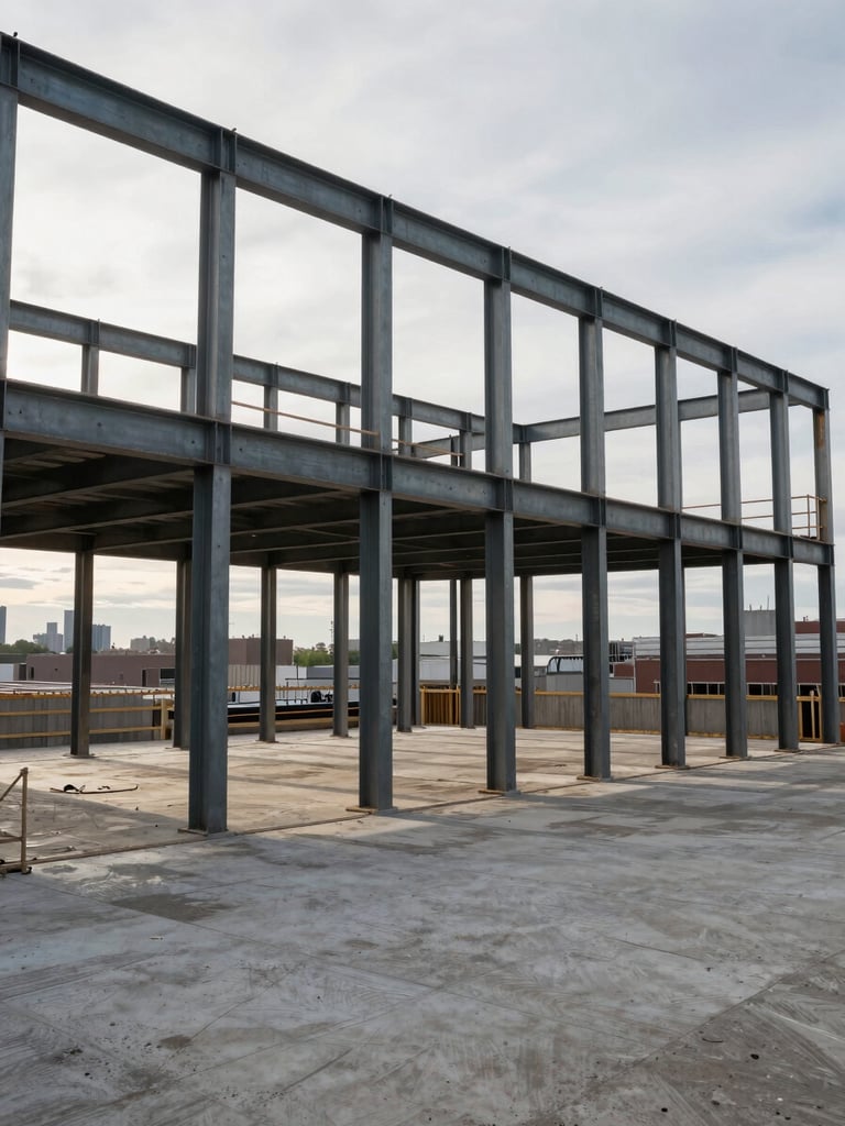 Wide documentary shot of a Brooklyn building structural frame under construction — exposed steel columns and concrete floor deck, overcast sky visible through open floor plate, scale of the floor-to-ceiling height apparent, available morning light, no crew posing