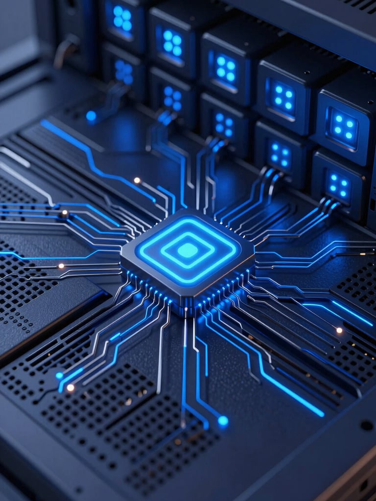 Macro close-up of high-end modern server equipment with sharp electric blue indicator lights, cool-toned, high-contrast studio lighting.