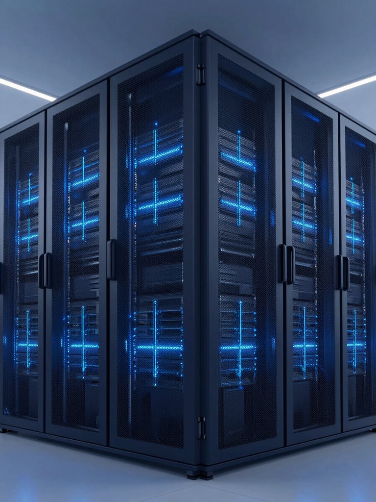 Sleek architectural perspective of a modern corporate server facility, cool-toned lighting with electric blue highlights, clean tech-minimalism