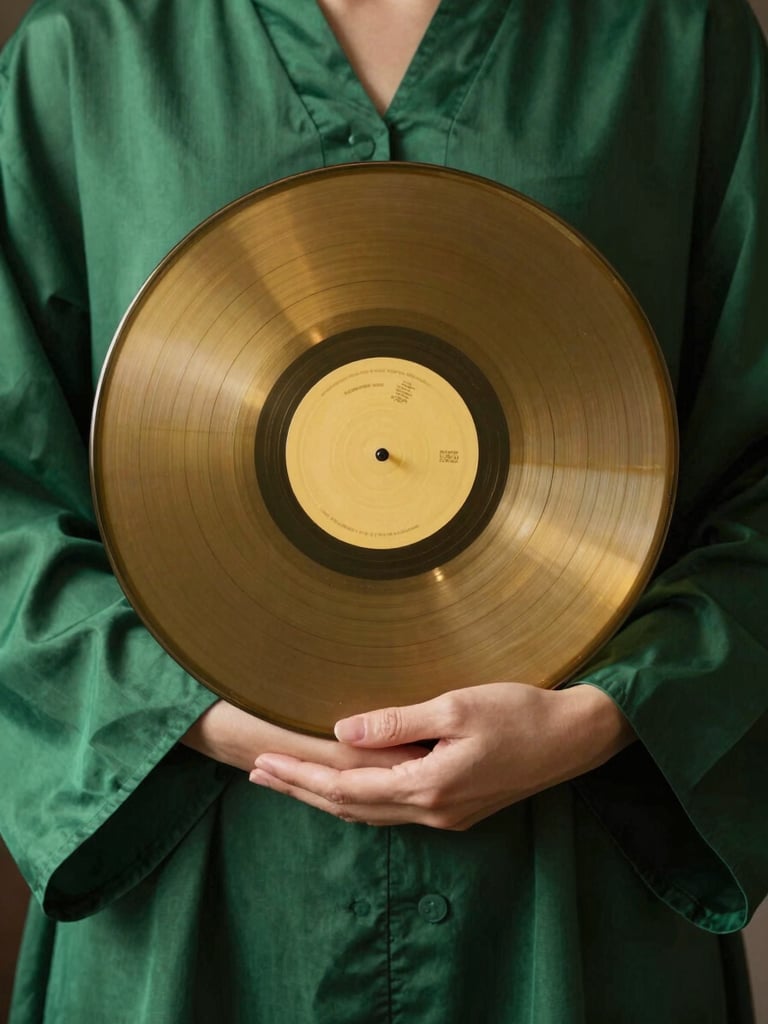 Portrait aspect ratio. A close-up of hands draped in heavy green silk holding a gold vinyl record, single candlelight source, deep soft shadows.
