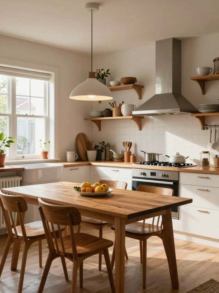 Wide shot of a short-term rental kitchen and dining area, warm pendant lighting over a wooden dining table set for two, open shelving with carefully arranged dishware, natural daylight from a side window