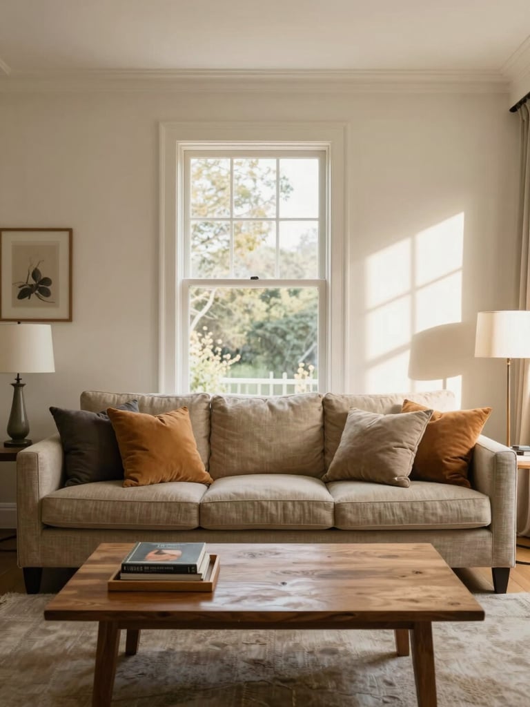 Wide portrait shot of a well-staged short-term rental living room — warm-toned throw pillows on a linen sofa, wood coffee table with a tray of books, natural daylight from a large window casting soft shadows on cream walls, clean and inviting, photographed straight-on to show full room appeal
