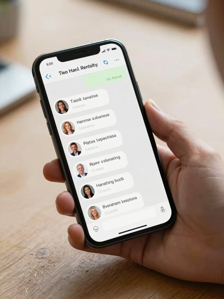 Close-up of a hand holding a phone displaying a short-term rental messaging thread with a professional, organized conversation, warm neutral desk surface visible below, soft daylight from the left