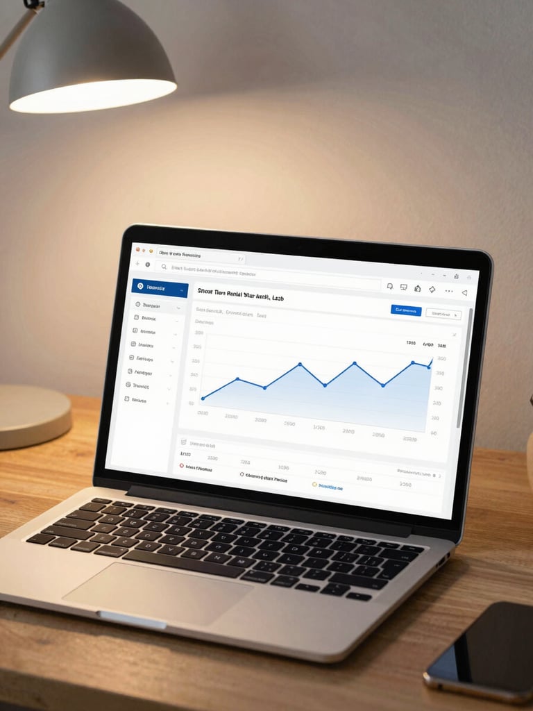 Over-the-shoulder view of a laptop screen displaying a short-term rental listing analytics dashboard with occupancy rate graphs and revenue trend lines, warm desk lamp on a wood surface, clean and uncluttered workspace