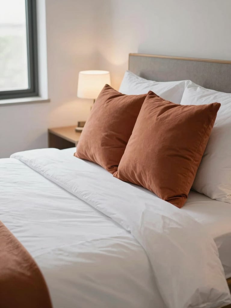 Close-up of a short-term rental bedroom, crisp white bedding with warm terracotta accent pillows, bedside lamp casting a soft glow, natural window light, photographed at a slight angle showing the full furnishing arrangement