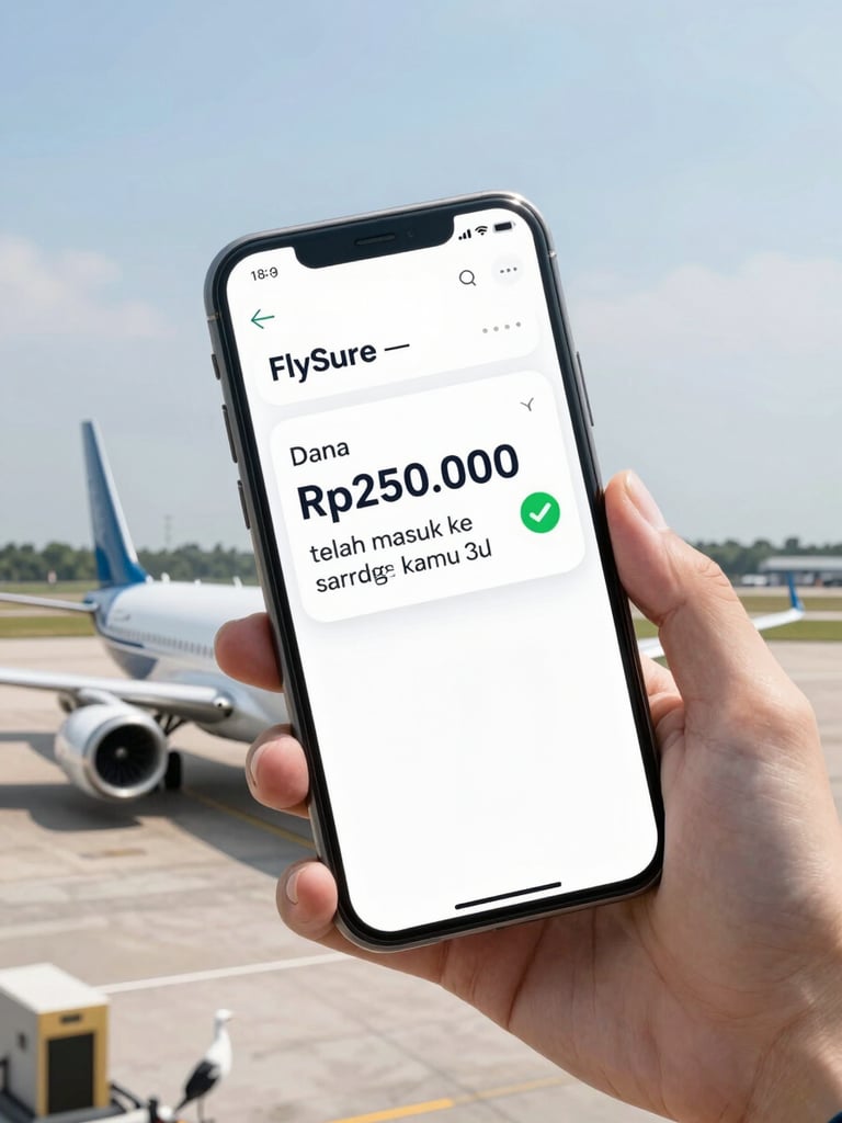 Close-up of a smartphone screen displaying a push notification: 'FlySure — Dana Rp250.000 telah masuk ke saldo kamu' with a green checkmark icon, held in hand above an out-of-focus bird's-eye view of a commercial aircraft parked on a sunlit tarmac, clean bright overcast daylight, no shadows, flat digital illustration style, sky-blue and white tones