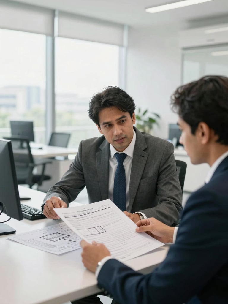 A professional real estate consultant in a bright Gurugram office reviewing architectural blueprints and legal property deeds with a client, natural daylight, sharp focus